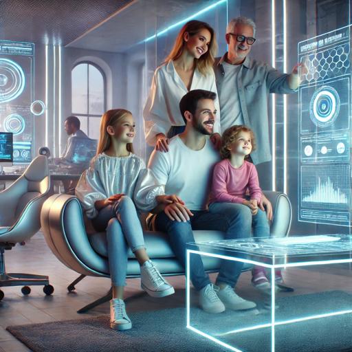 Futuristische Familie vor einem holographischen PC in einem modernen Zuhause