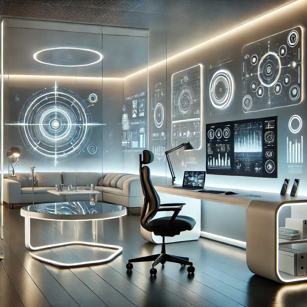 Futuristisches Arbeitszimmer mit minimalistischen Möbeln, großen Monitoren und LED-Beleuchtung für eine moderne Arbeitsumgebung.