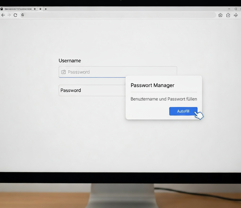 Ein Pop-up eines Passwort-Managers erscheint über einem Anmeldeformular und füllt die Felder für Benutzername und Passwort automatisch aus. Die Schaltfläche 'Autofill' wird angeklickt.